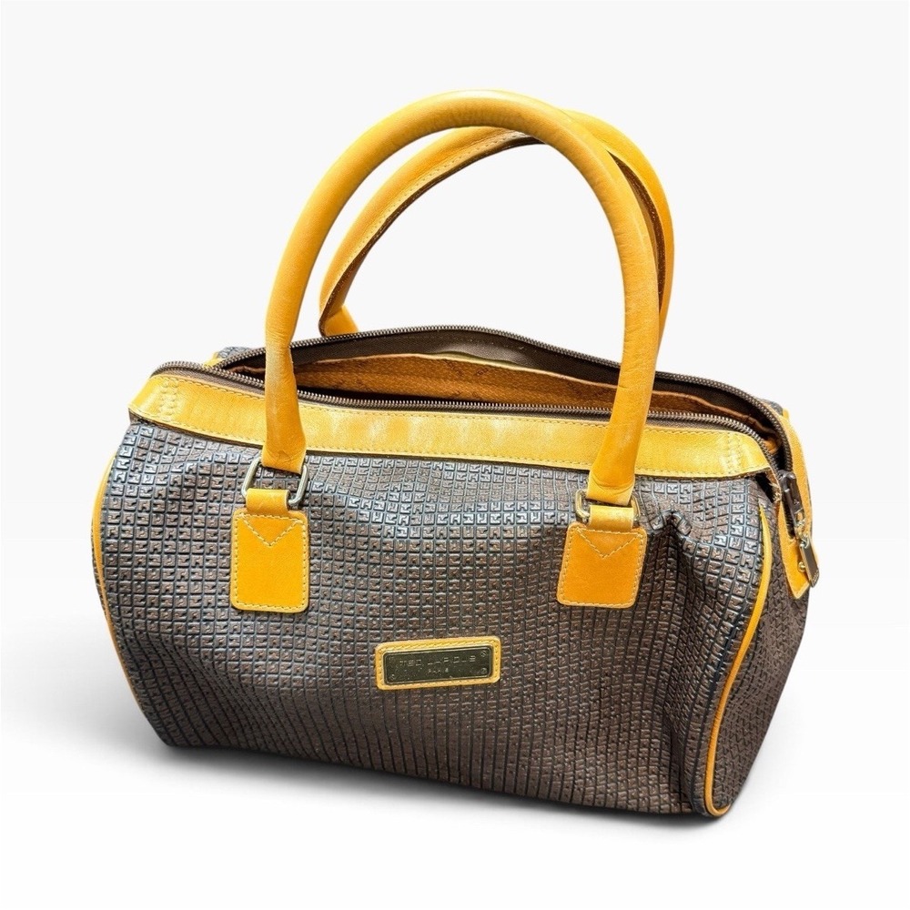 Ted Lapidus Brown Embossed Geometric Satchel Zip Double Yellow Handles